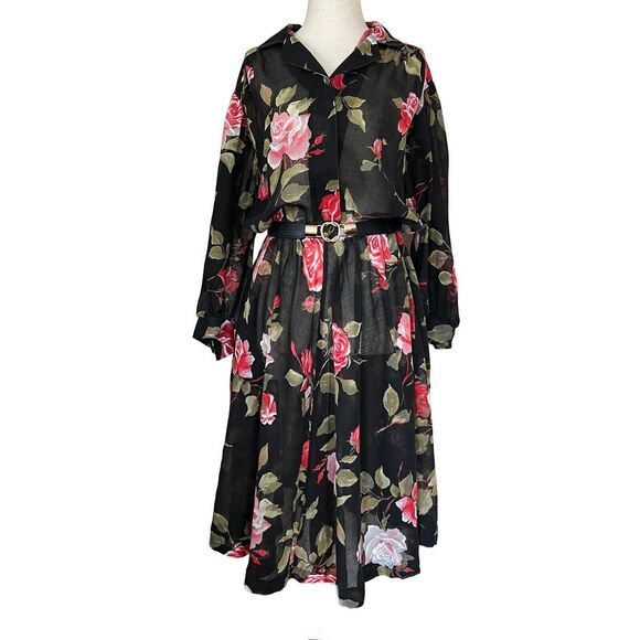 EJM Dresses & Skirts - Vintage 1980s Retro Sheer Black Floral Cottagecore Midi Shirt Dress w/Pocket